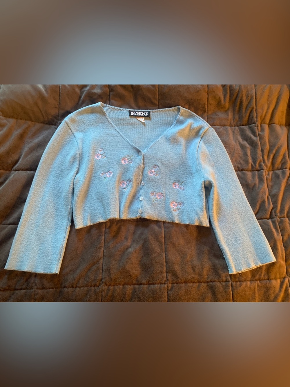 Vintage Baby Blue Cropped V-Neck Cropped Cardigan with Pink Floral Embroidery